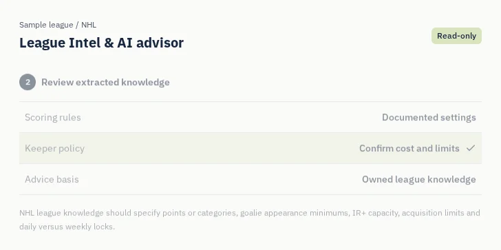 NHL League Intel & AI advisor: captured sample screen with read-only league settings