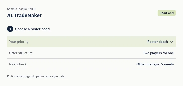 MLB AI TradeMaker: captured sample screen with read-only league settings