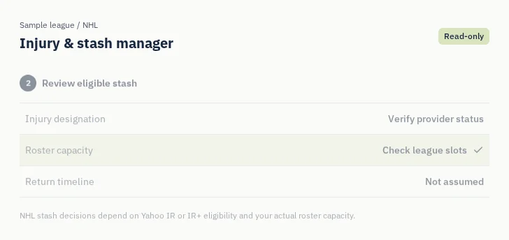 NHL Injury & stash manager: captured sample screen with read-only league settings