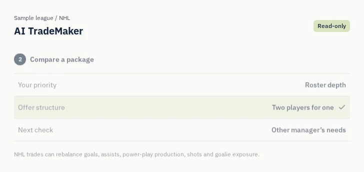 NHL AI TradeMaker: captured sample screen with read-only league settings