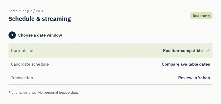 MLB Schedule & streaming: captured sample screen with read-only league settings