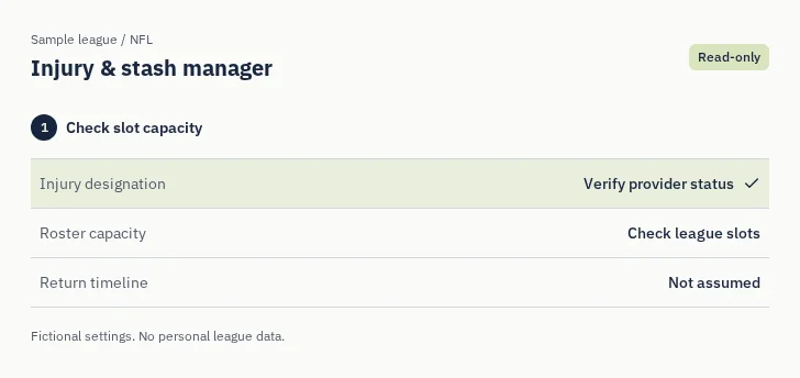 NFL Injury & stash manager: captured sample screen with read-only league settings