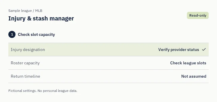 MLB Injury & stash manager: captured sample screen with read-only league settings