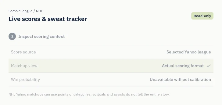 NHL Live scores & sweat tracker: captured sample screen with read-only league settings