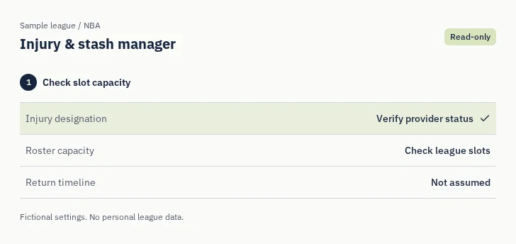 NBA Injury & stash manager: captured sample screen with read-only league settings