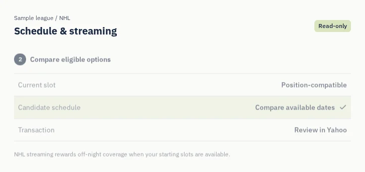 NHL Schedule & streaming: captured sample screen with read-only league settings
