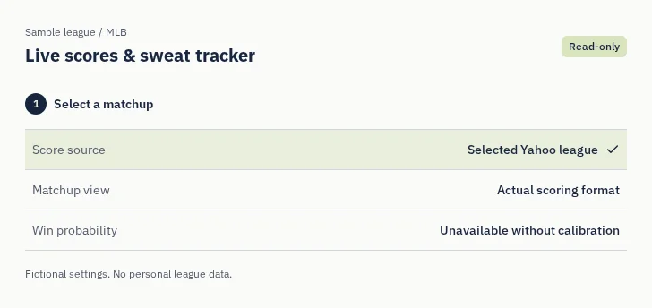 MLB Live scores & sweat tracker: captured sample screen with read-only league settings