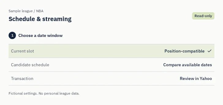 NBA Schedule & streaming: captured sample screen with read-only league settings